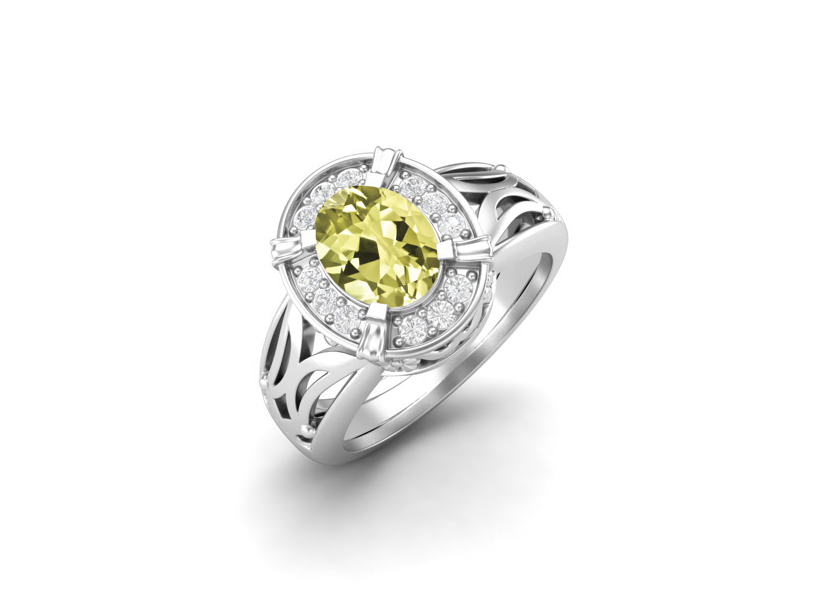 Lemon Quartz Oval Filigree Halo Design Ring - Sterling Silver