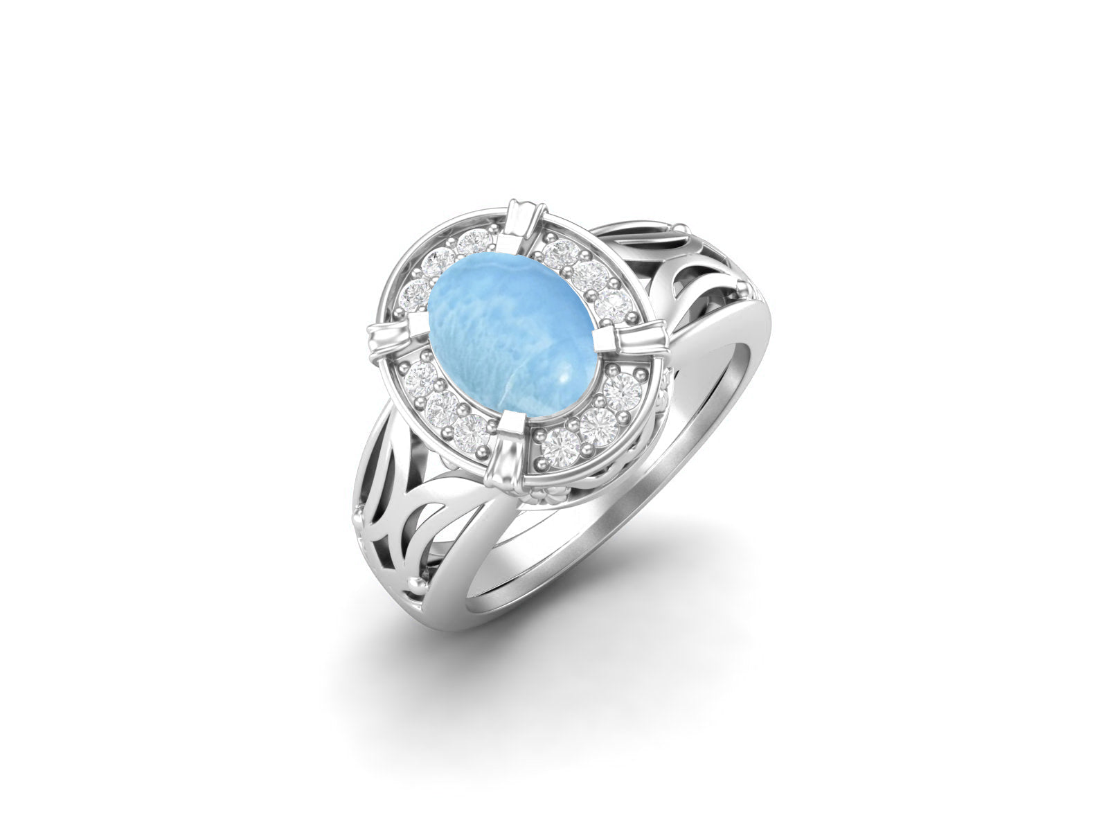 Larimar Oval Filigree Halo Design Ring - Sterling Silver