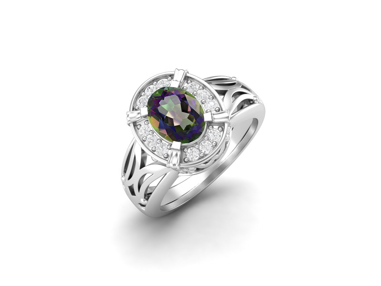 Mystic Topaz Oval Filigree Halo Design Ring - Sterling Silver