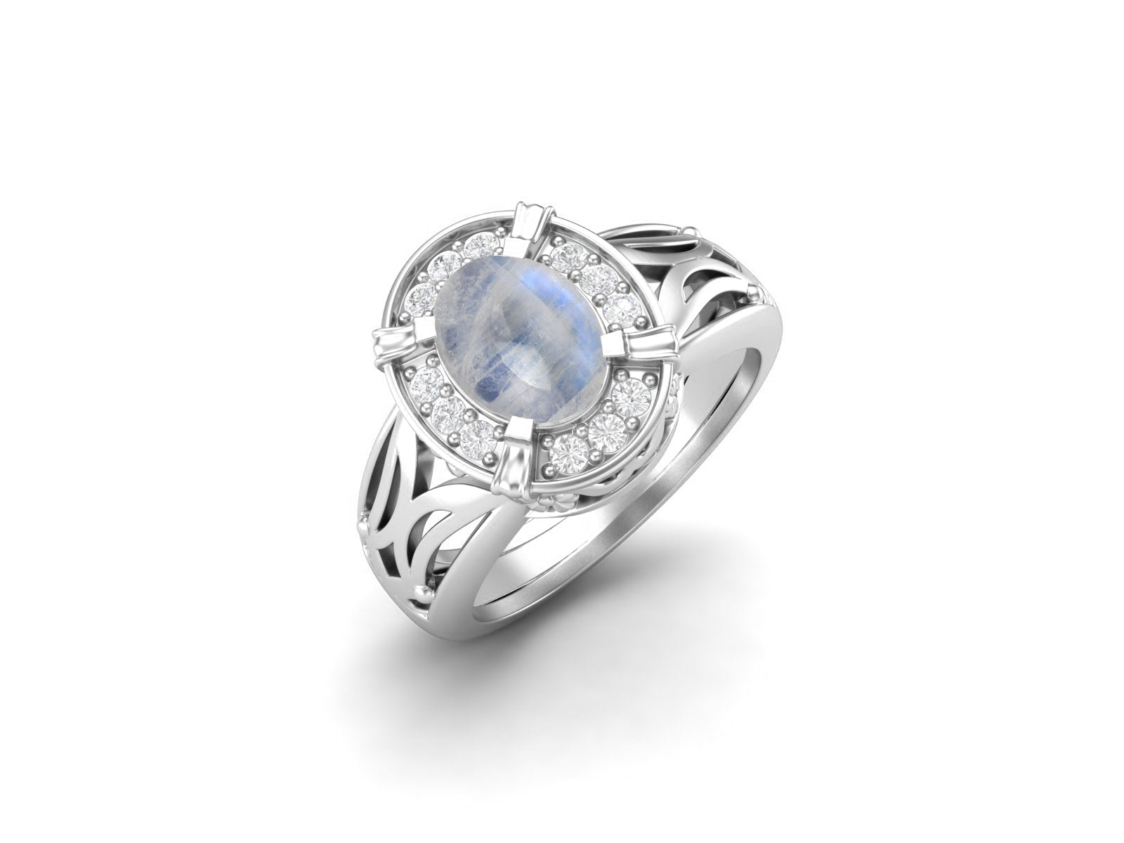 Moonstone Oval Filigree Halo Design Ring - Sterling Silver
