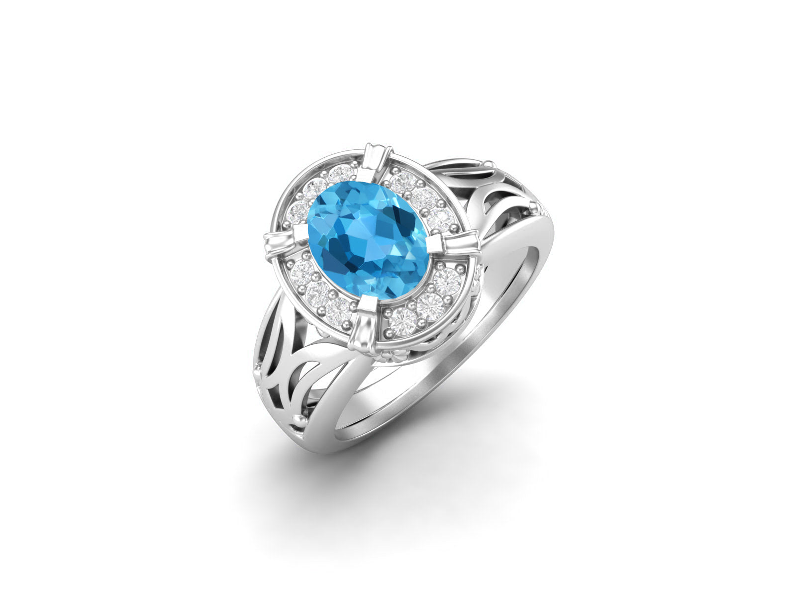 Swiss Blue Topaz Oval Filigree Halo Design Ring - Sterling Silver