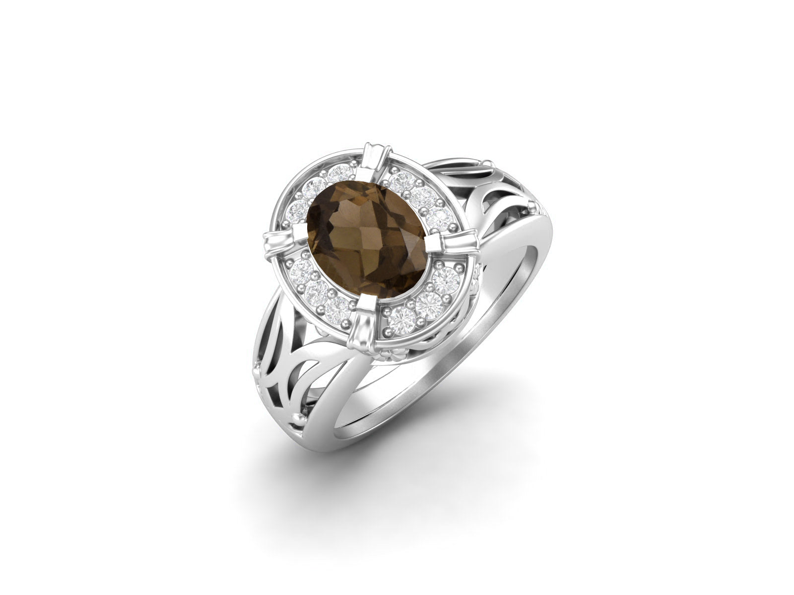 Smoky Quartz Oval Filigree Halo Design Ring - Sterling Silver