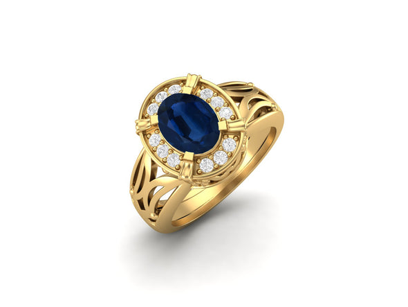 Art Deco Filigree Blue Sapphire Wedding Ring Oval Shaped Stone Engagement Ring