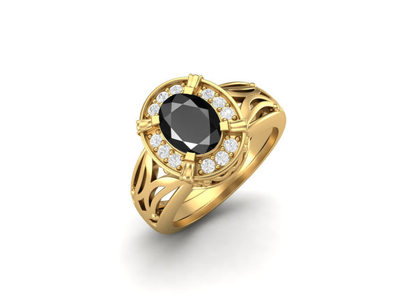 925 Sterling Silver Black Spinel Oval Shaped Wedding Ring Art Deco Filigree Engagement Ring