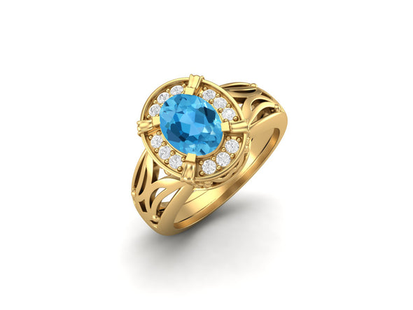 925 Sterling Silver Swiss Blue Topaz Bridal Wedding Art Deco Promise Ring