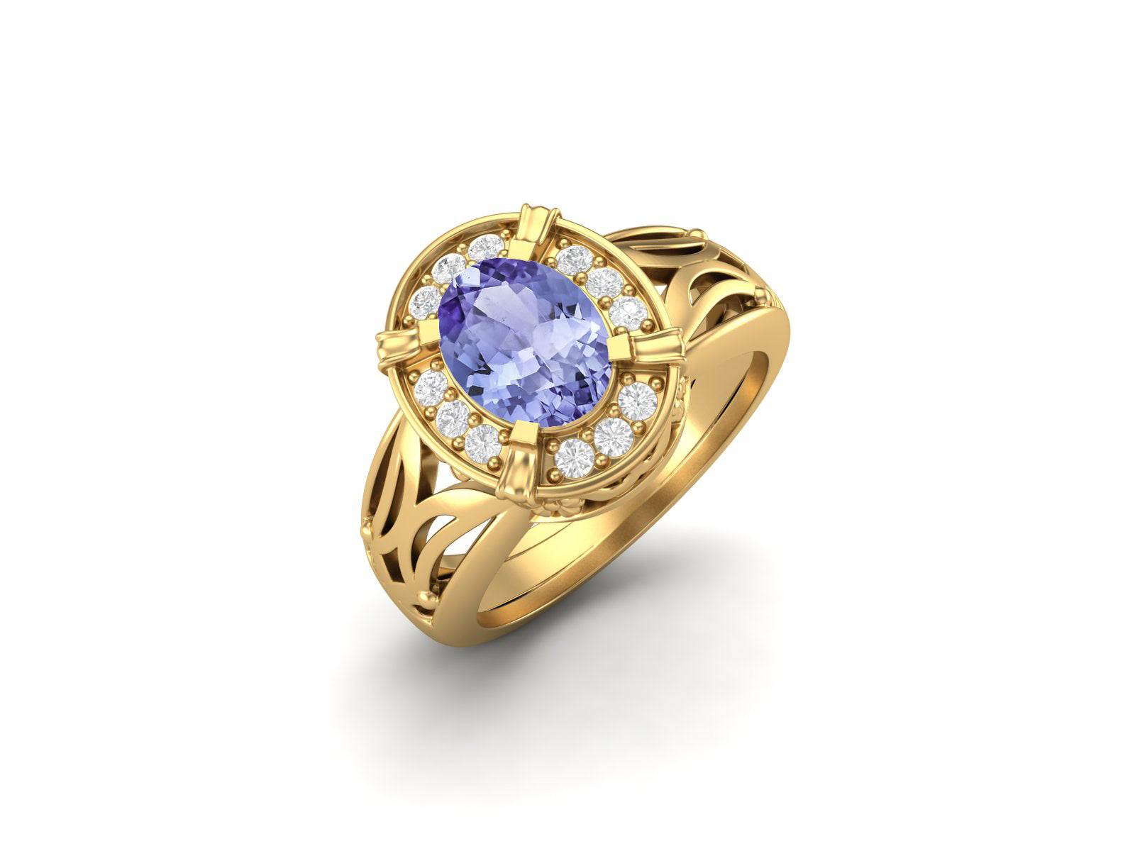 Tanzanite Oval Filigree Halo Design Ring - Sterling Silver