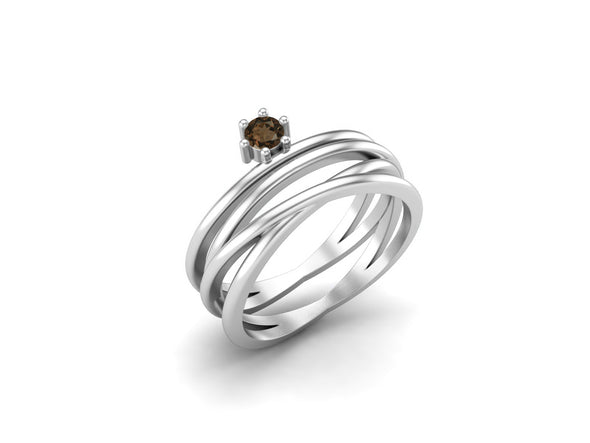 3x3mm Smoky Quartz Wedding Ring Unique Brown Gemstone Ring 925 Silver Bridal Ring