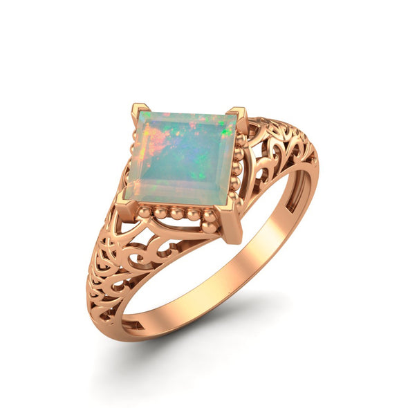 1.30 Ctw Opal Wedding Ring Art Deco Filigree Design Ring