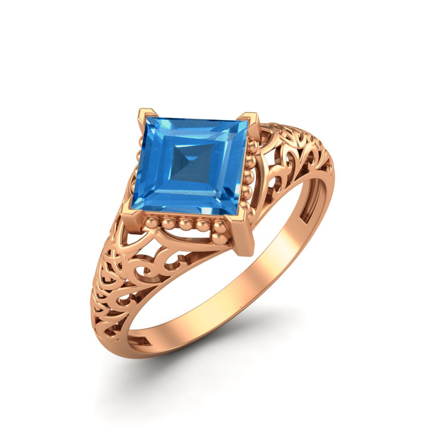 Anello in argento sterling 925 con topazio azzurro cielo, fede nuziale in filigrana Art Déco