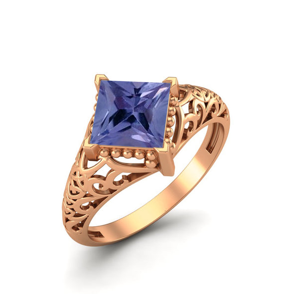 Natural Tanzanite Ring 6x6mm Square Shaped Wedding Ring Filigree Design Ring