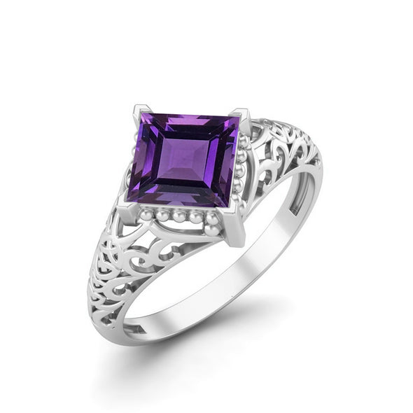 Art Deco Amethyst Bridal Ring 6x6 Square Shaped Filigree Ring