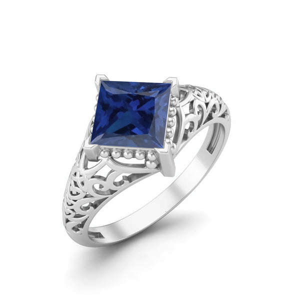 Vintage Blue Sapphire Bridal Ring Art Deco Filigree Style Ring For Women