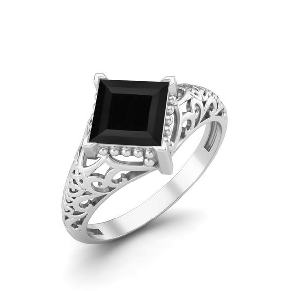Natural Black Spinel Filigree Wedding Ring 925 Sterling Silver Ring