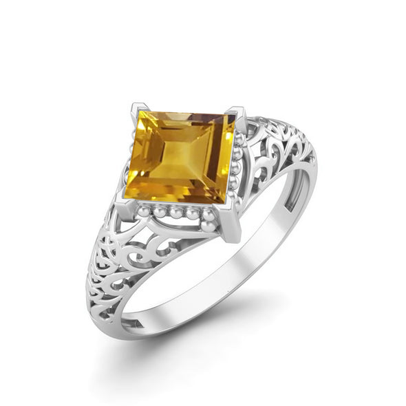 Filigree Style Citrine Bridal Ring 6x6mm Square Shaped Ring