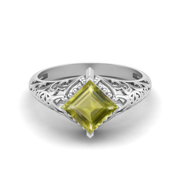 925 Sterling Silver Lemon Quartz Filigree Wedding Ring Square Shaped Ring