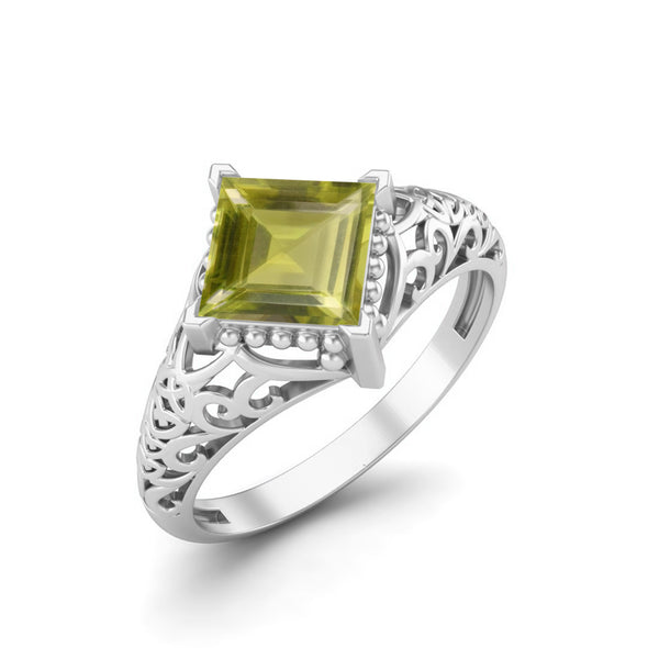 925 Sterling Silver Lemon Quartz Filigree Wedding Ring Square Shaped Ring