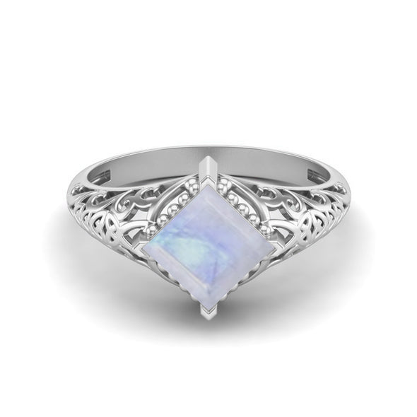 Square Shaped Rainbow Moonstone Filigree Style Ring 925 Sterling Silver Ring