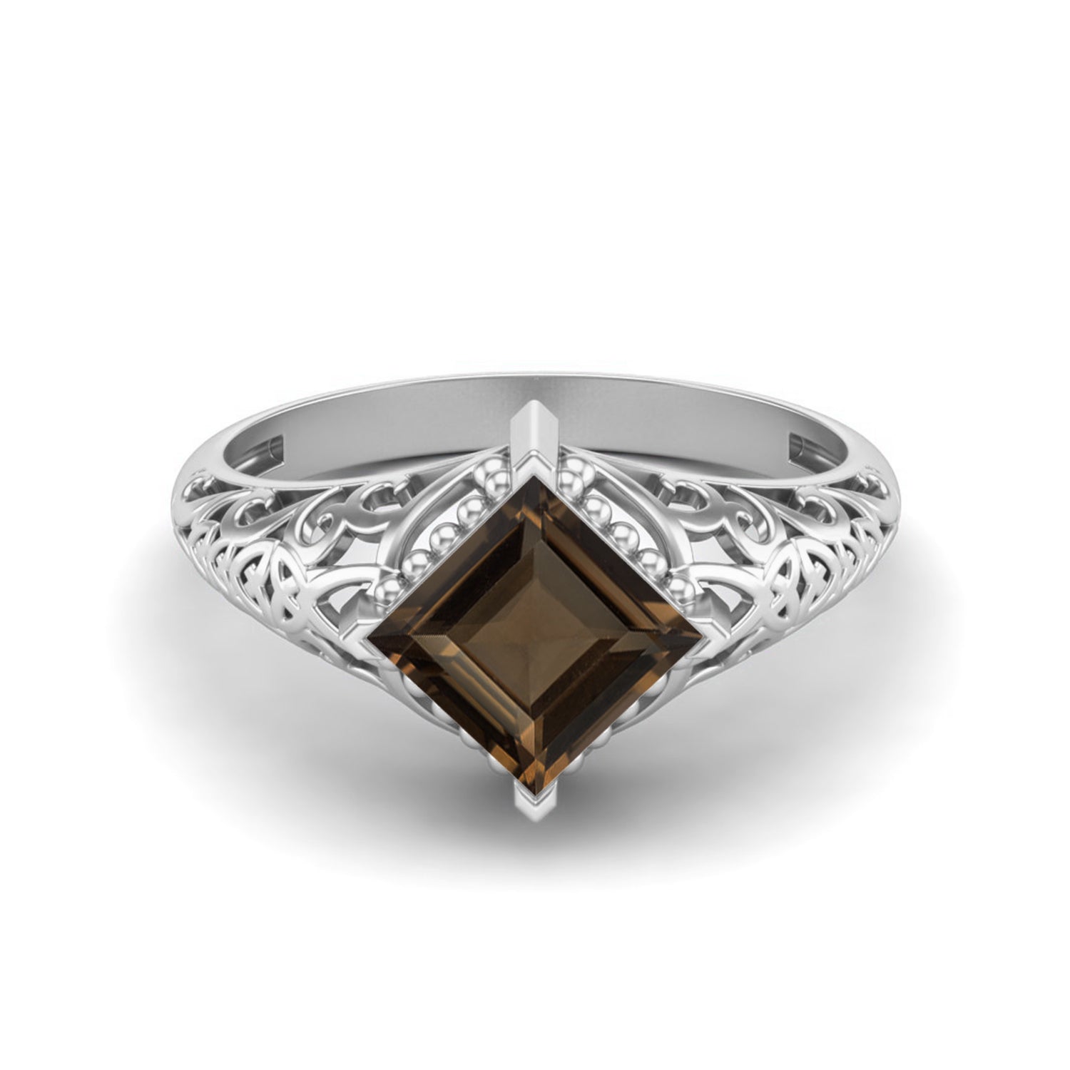 Anello in quarzo fumé quadrato da 1,30 carati, anello nuziale unico, anello in filigrana Art Déco