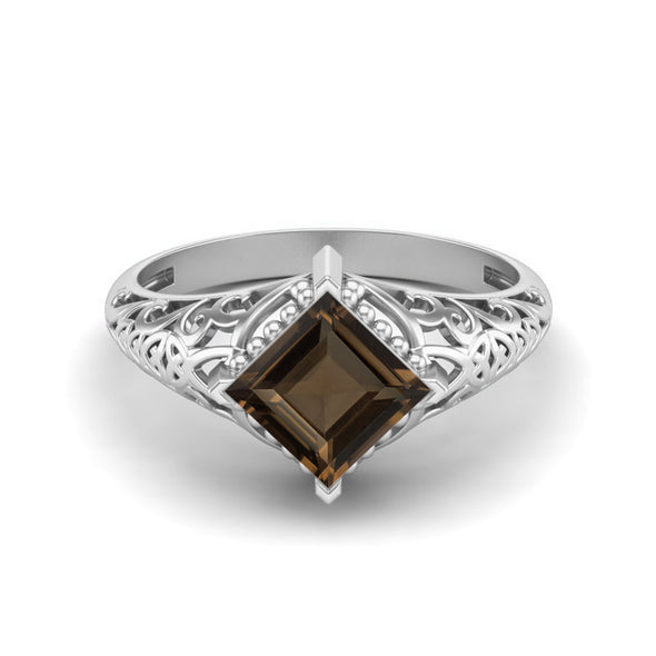 1.30 Ctw Square Smoky Quartz Ring Unique Bridal Ring Art Deco Filigree Ring