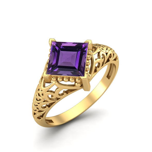 Art Deco Amethyst Bridal Ring 6x6 Square Shaped Filigree Ring