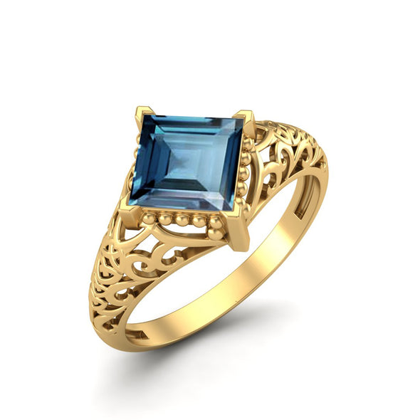 Square Shaped London Blue Topaz Filigree Ring 925 Sterling Silver Ring