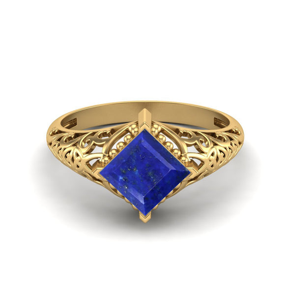 6x6mm Square Shaped Lapis Lazuli Ring At Deco Filigree Wedding Ring