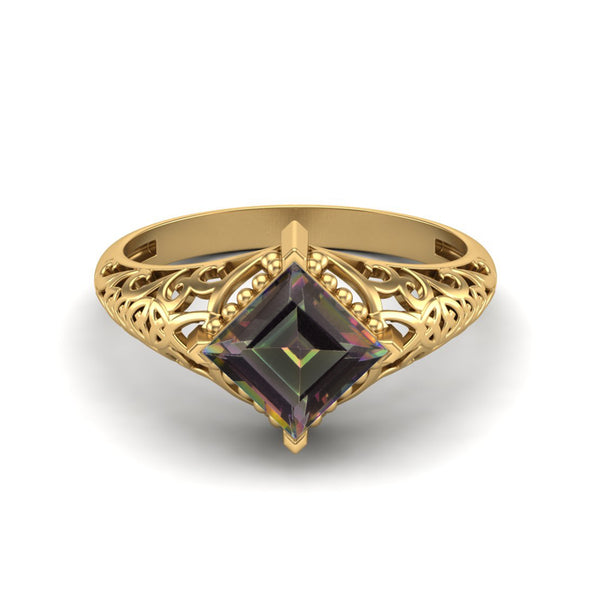 6x6mm Square Shaped Mystic Topaz Bridal Ring Art Deco Filigree Style Ring
