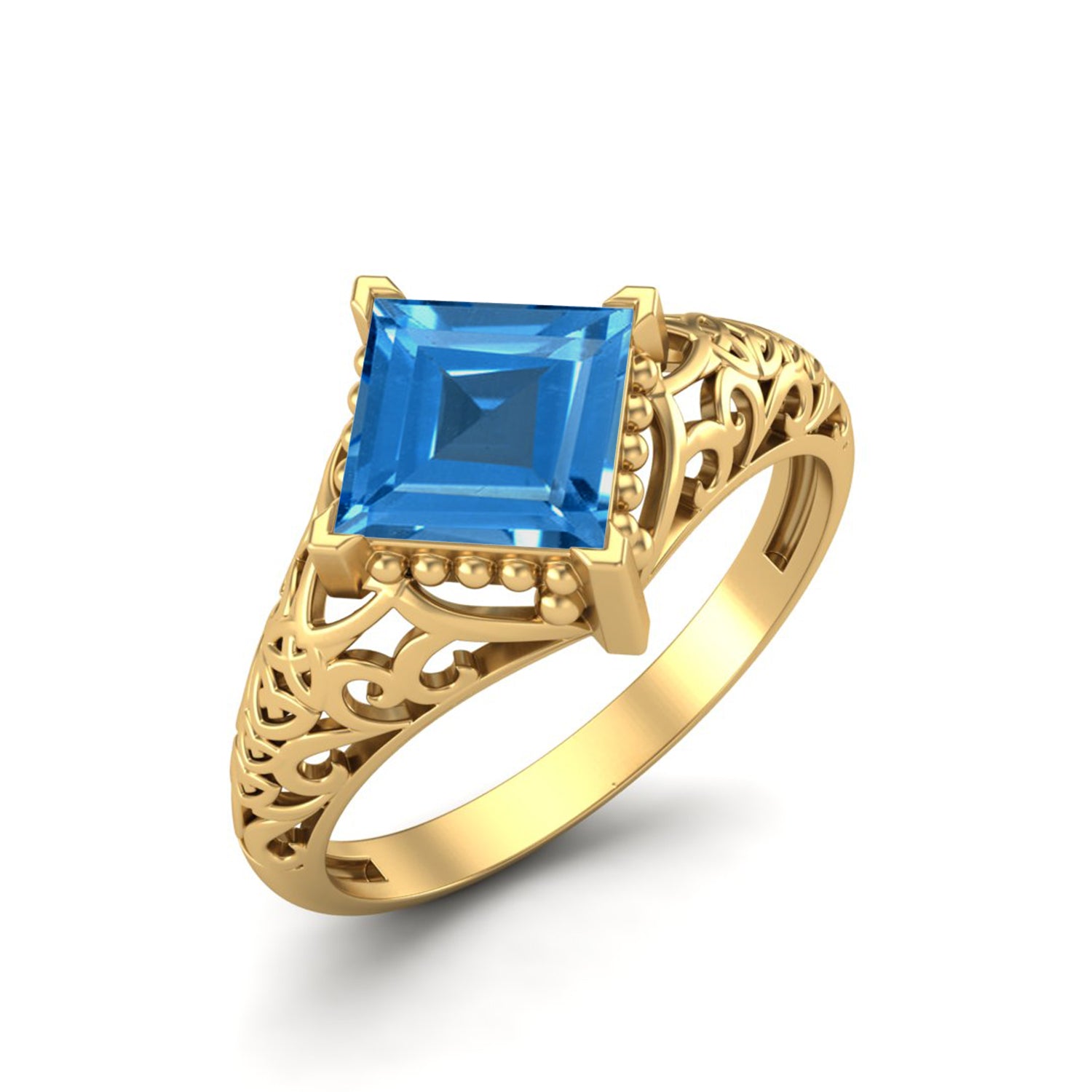 Anello in argento sterling 925 con topazio azzurro cielo, fede nuziale in filigrana Art Déco