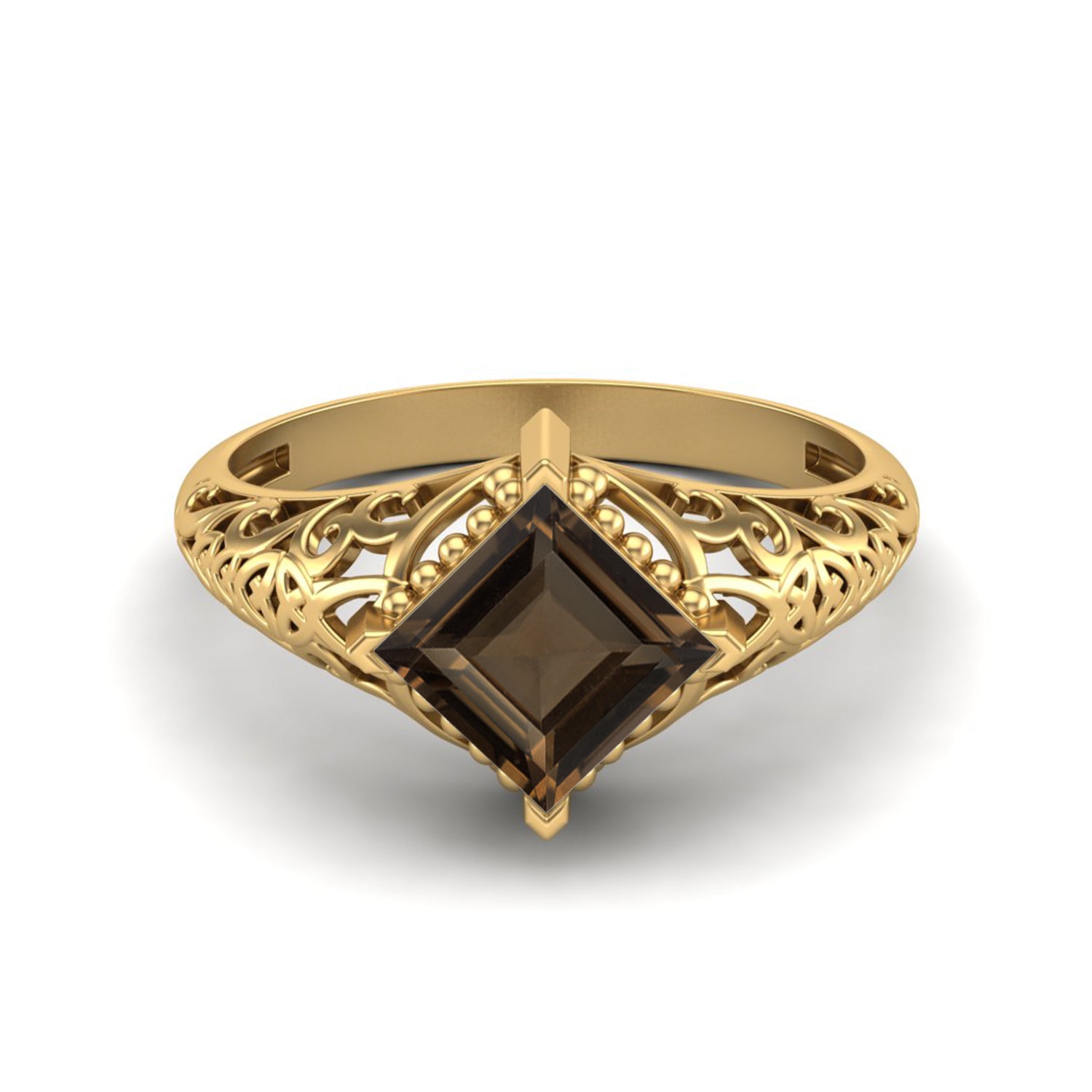 Anello in quarzo fumé quadrato da 1,30 carati, anello nuziale unico, anello in filigrana Art Déco