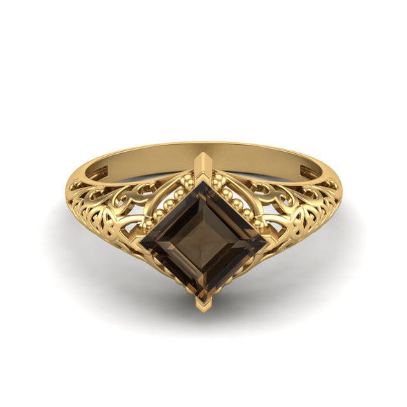 1.30 Ctw Square Smoky Quartz Ring Unique Bridal Ring Art Deco Filigree Ring