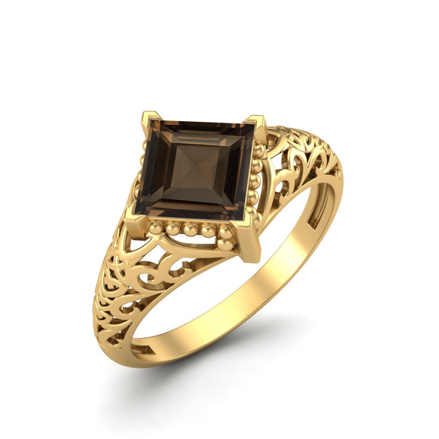 Anello in quarzo fumé quadrato da 1,30 carati, anello nuziale unico, anello in filigrana Art Déco
