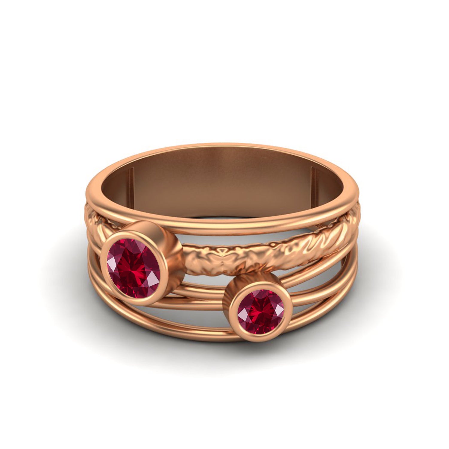 Ruby Textured Design Wide Band Ring - Sterling Silver