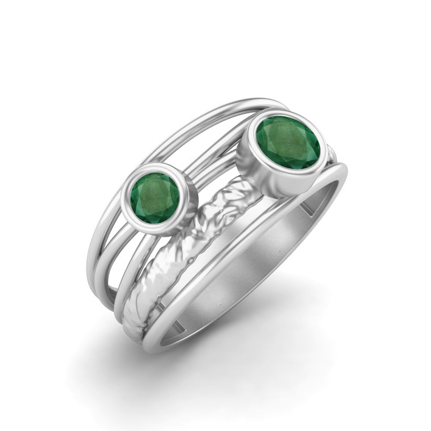 Emerald Dual Gemstones Boho Wide Band Ring – Sterling Silver