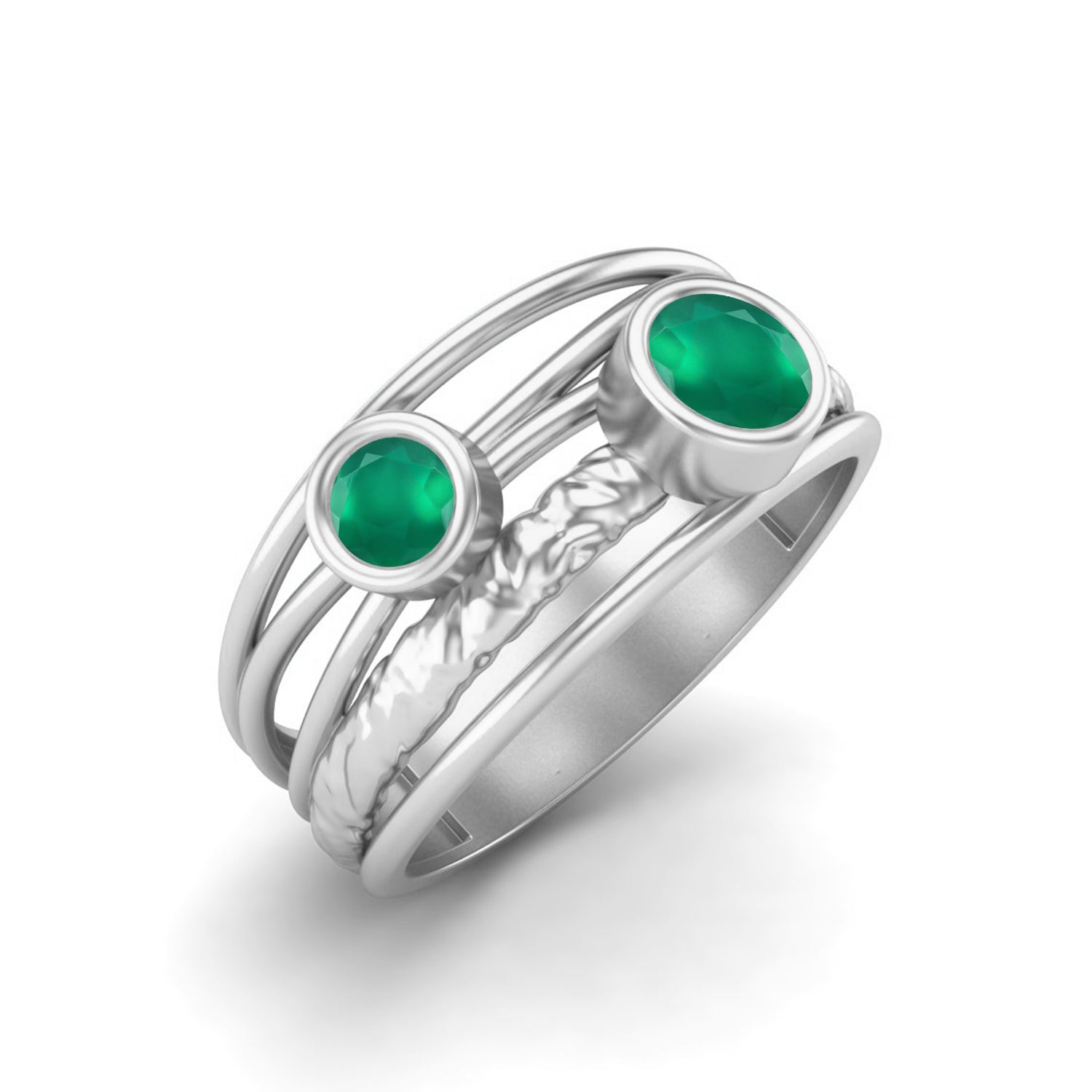Green Onyx Textured Design Wide Band Ring - Sterling Silver