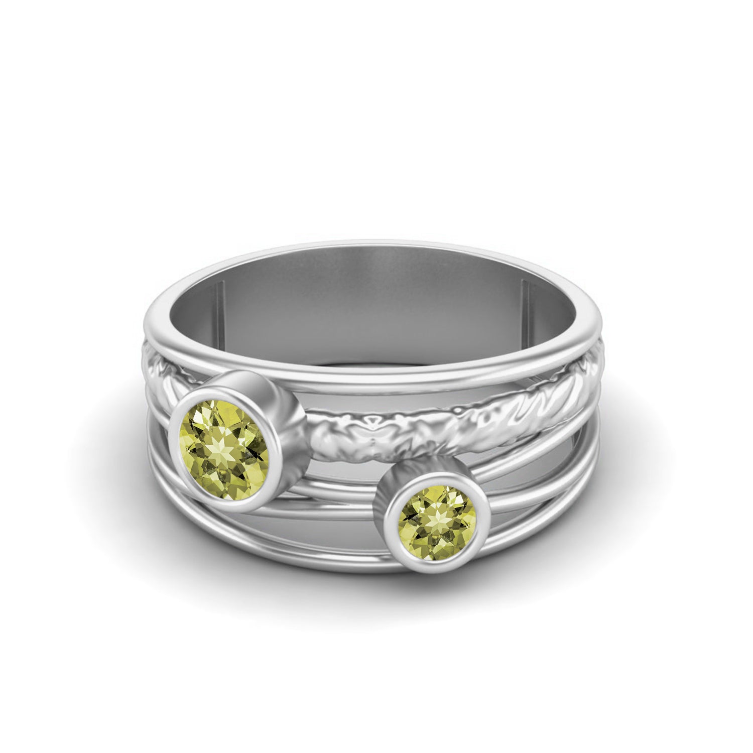 Lemon Quartz Textured Design Wide Band Ring - Sterling Silver