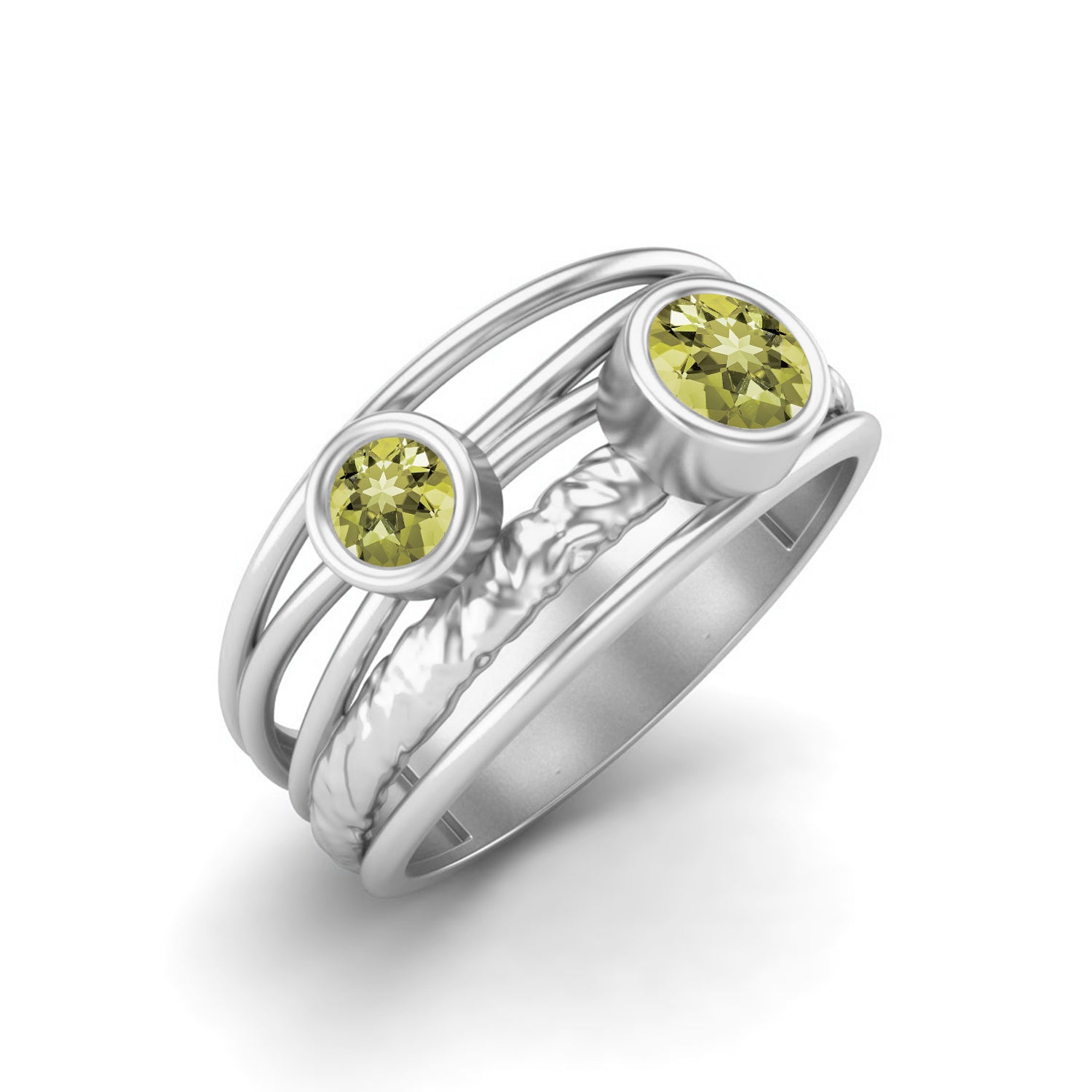 Lemon Quartz Textured Design Wide Band Ring - Sterling Silver