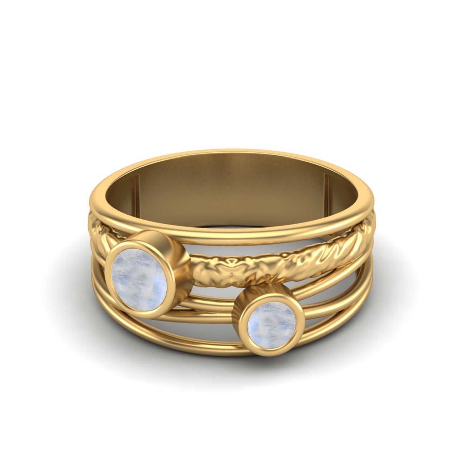 Moonstone Textured Design Wide Band Ring - Sterling Silver