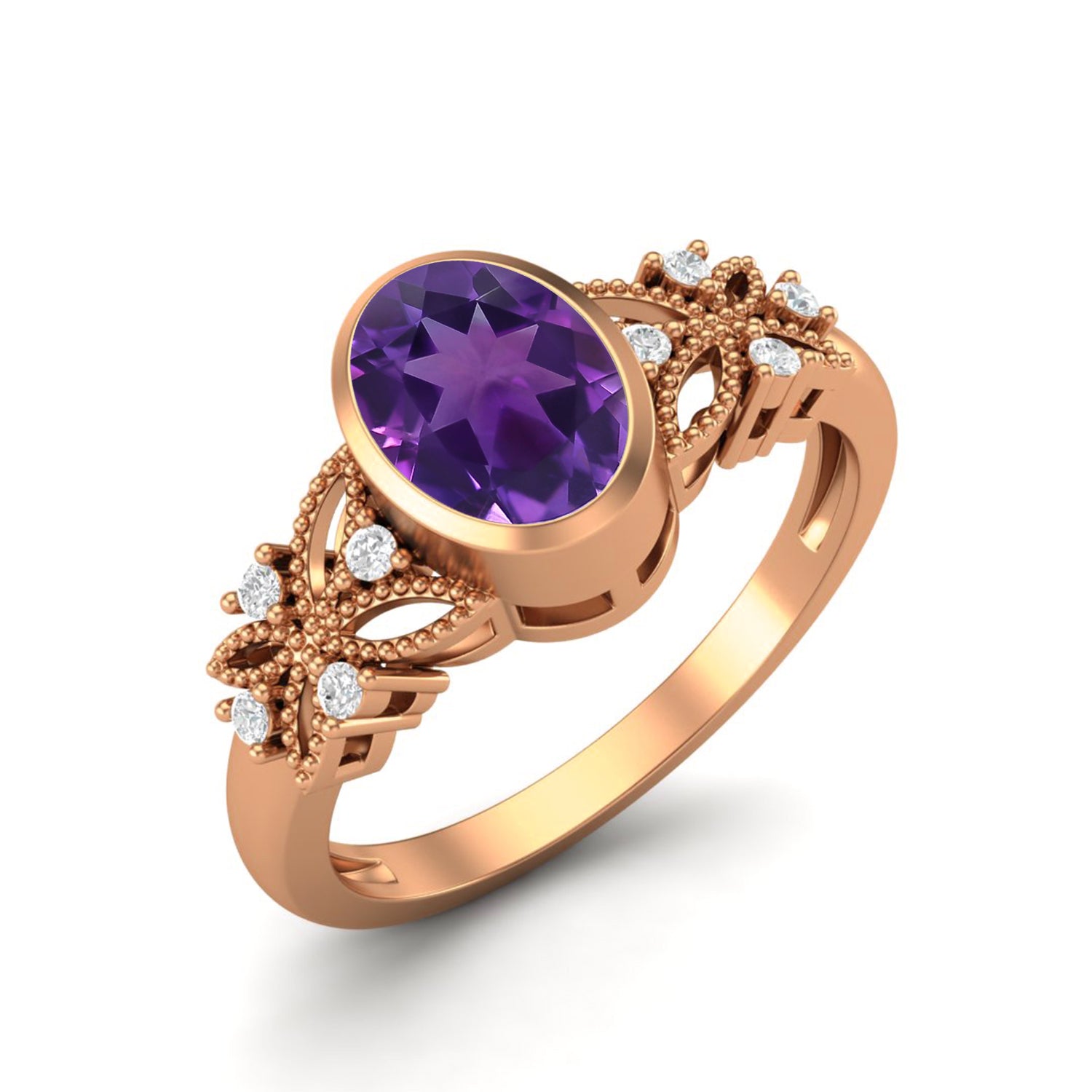 Amethyst Floral Accents Ring - Sterling Silver