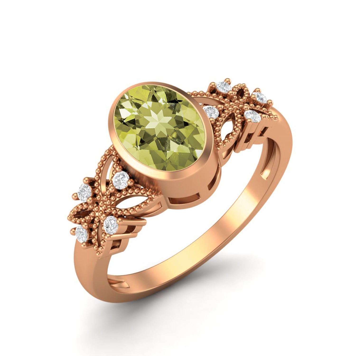Lemon Quartz Floral Accents Ring - Sterling Silver