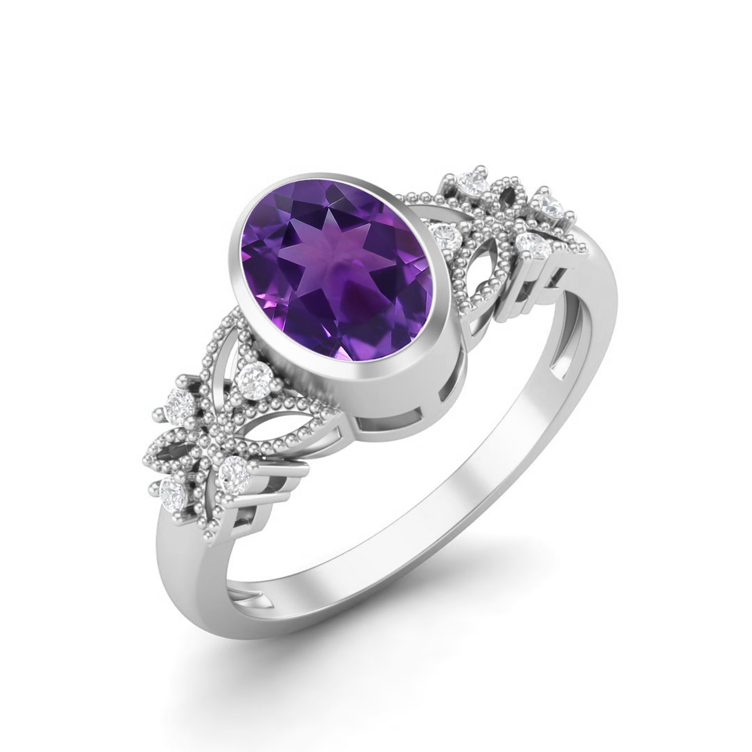 Amethyst Floral Accents Ring - Sterling Silver