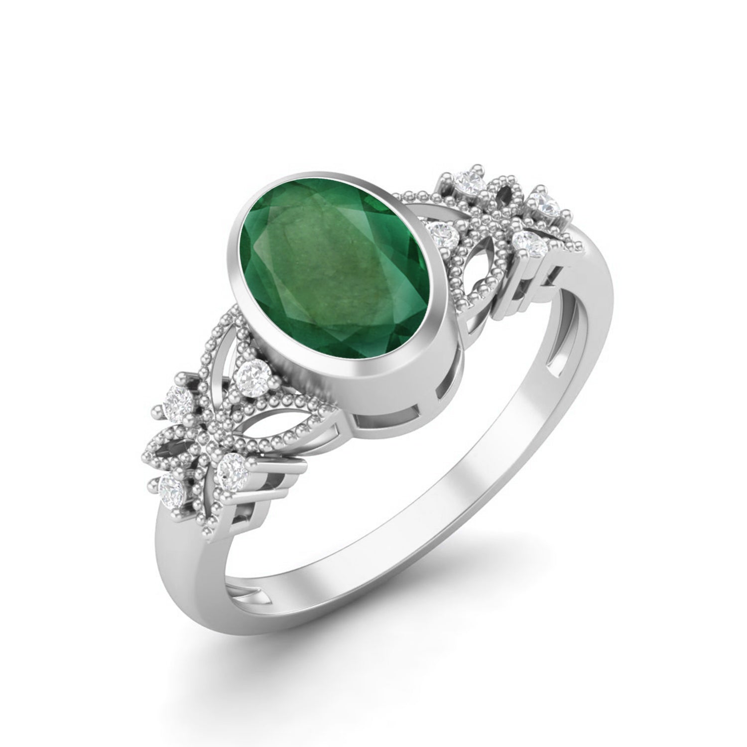 Emerald Floral Diamond Accents Ring – Sterling Silver