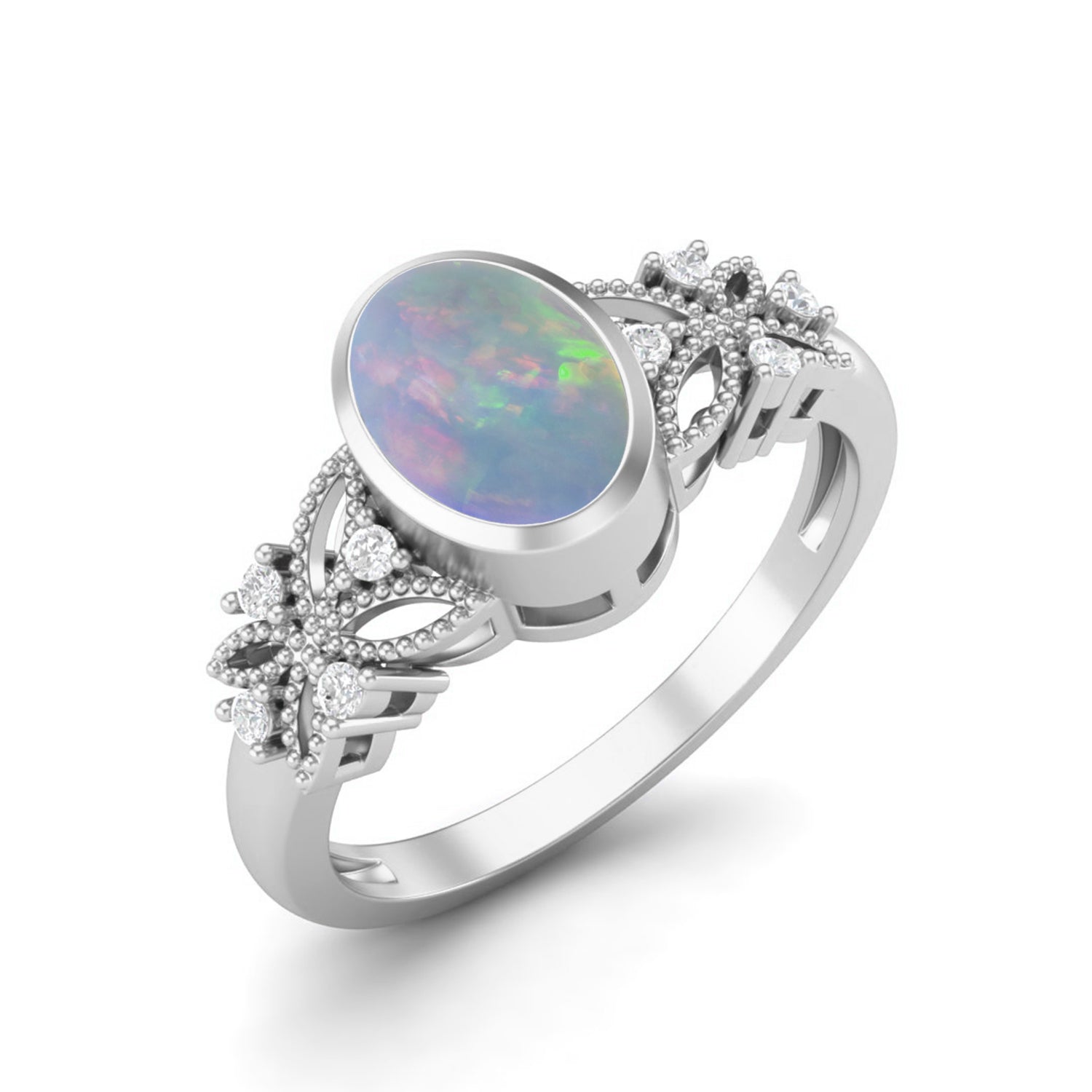 Opal Floral Accents Ring - Sterling Silver