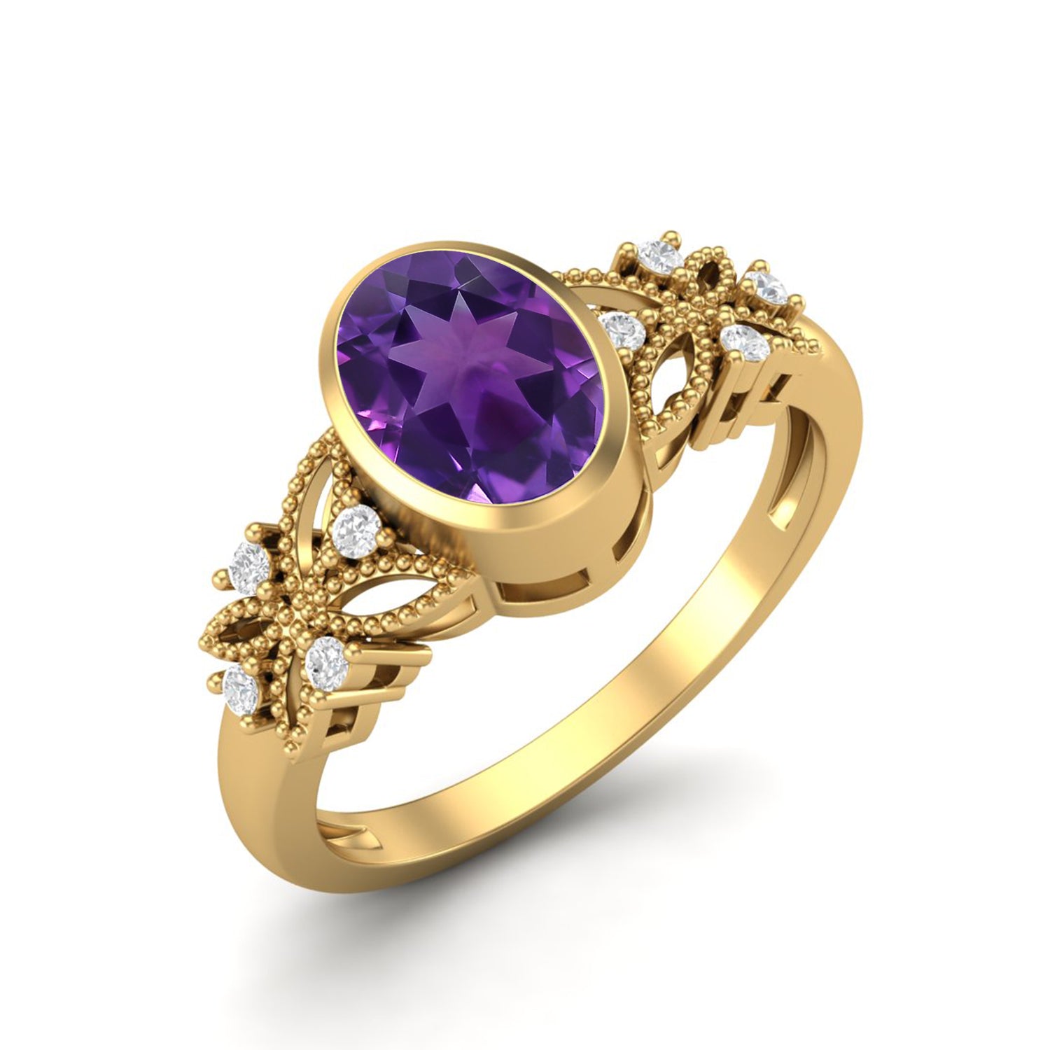 Amethyst Floral Accents Ring - Sterling Silver