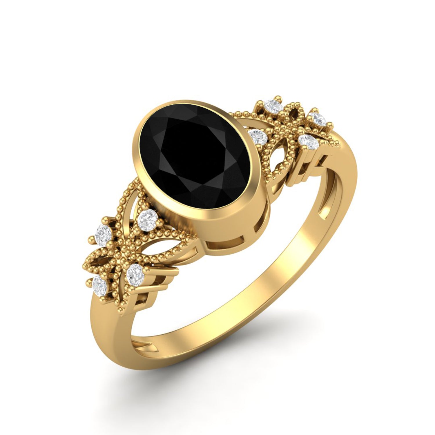 Black Spinel Floral Accents Ring - Sterling Silver