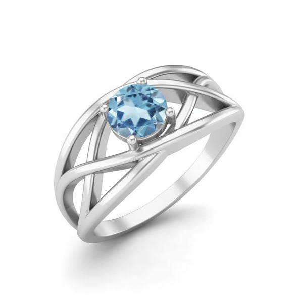 Solitaire Blue Topaz Bridal Ring 925 Sterling Silver Crossover Ring