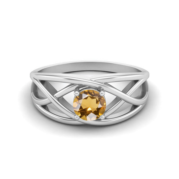 Round Shaped Citrine Crossover Ring 925 Sterling Silver Solitaire Ring