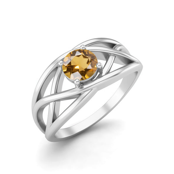 Round Shaped Citrine Crossover Ring 925 Sterling Silver Solitaire Ring