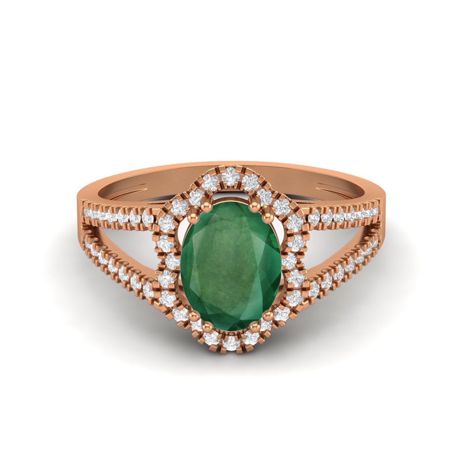 Emerald Halo Split Shank Ring – Sterling Silver