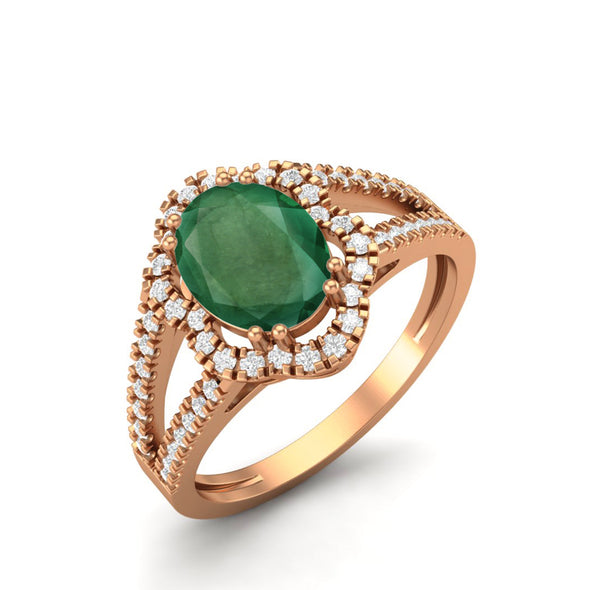 Oval Shaped Emerald Ring Vintage Halo Wedding Ring