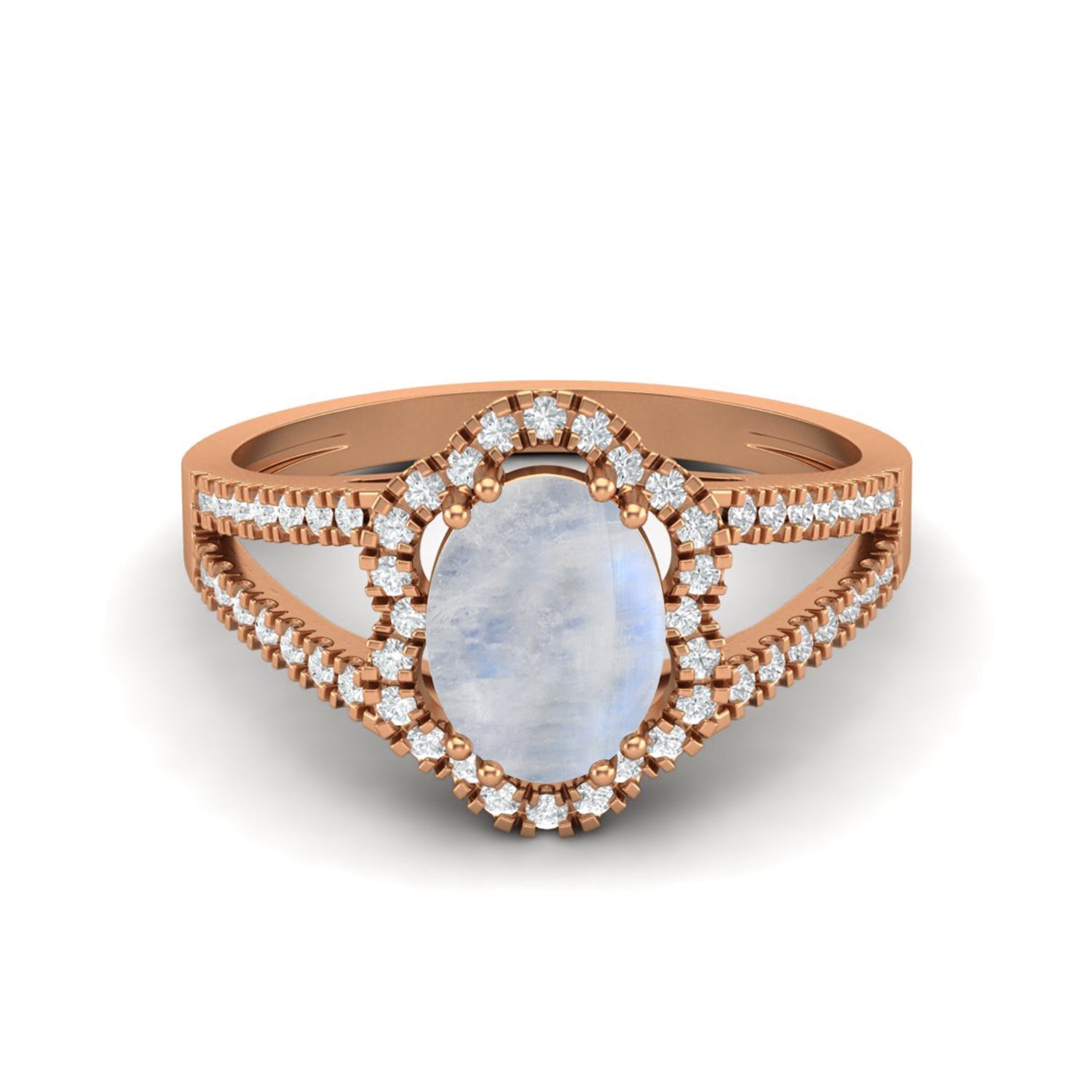 Moonstone Split Shank Halo Ring - Sterling Silver